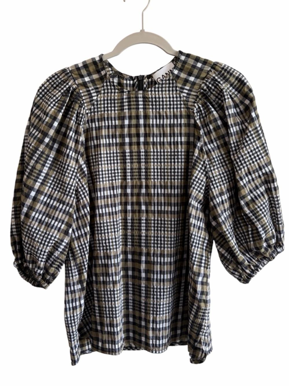 Ganni Olive Green & Black Plaid Puff Sleeve Blouse Size 40 Career Grandpacore